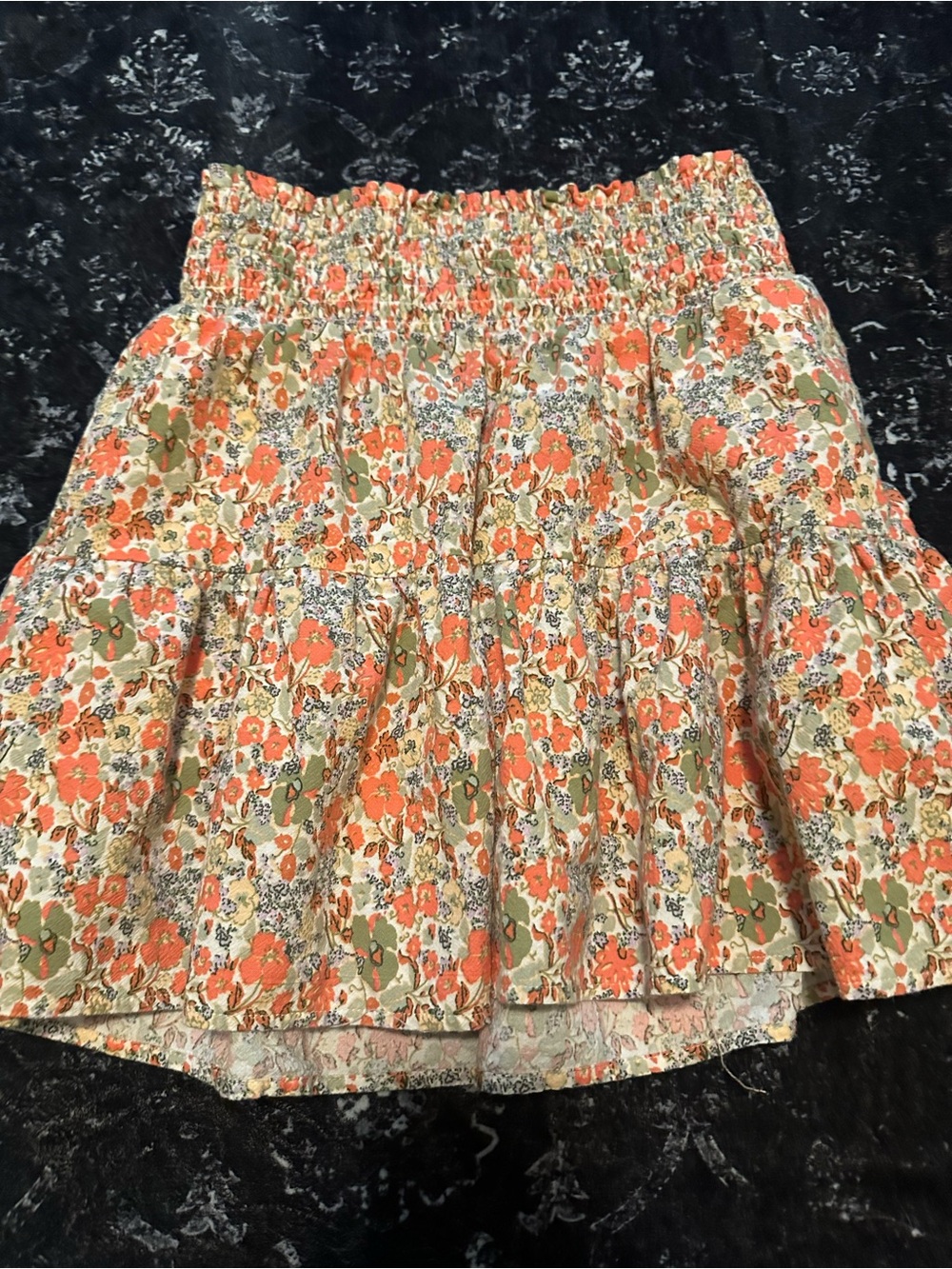 Smocked Floral Tiered Mini Skirt - Coral Green Floral